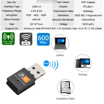 100buc Adaptador WiFi USB inalámbrico de 600Mbps, Dongle, tarjeta de roșu para PC-ul, banda Dublu, 5 Ghz, Lan, USB, receptor Ethernet