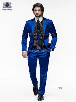 2021 Design Italian Barbati Slim Fit, Costume Mire, Costume Albastru Royal Satin Cel Mai Bun Om Sacou Rever Abruptă Bărbați Costume De Nunta Cavaler De Onoare
