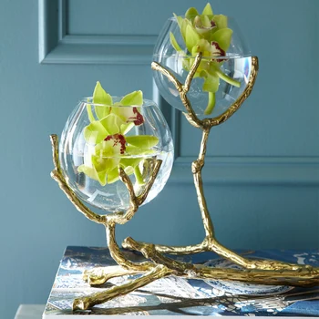 Alamă Două-Vaza De Cristal Suport Global View Art-Decor De Înaltă Calitate De Cristal Clar Acasă Accesorii Delicate Mobilier Decorativ
