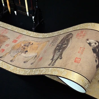 Caligrafie chineză Wu Niu Tu Cinci Vaci Copie A Celebrului Tablou Scroll Decor 29x169cm/38x226CM