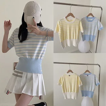 De înaltă Calitate Moda coreeană TB Matase de Gheață Subțire de Lână Tricot T-shirt Femei de Top Vrac Proaspăt de Vară Pulover Mâneci Scurte