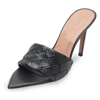 Negru Țesut Femei Catâri Peep Toe Tocuri Subtiri Sandale Slip-On Papuci De Moda Catwalk Petrecerea Doamnelor Inaltime Tocuri Superficial Pantofi