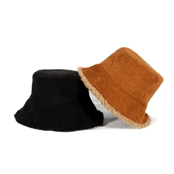 Reversibile Faux Blana Bucket Hat Pentru Femei De Iarnă Lână De Miel Lână Capac De Catifea Pescar Pălării De Protecție Solară Panama Capace