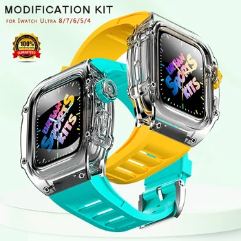 Transparent de Lux Modificarea Kit Caz Banda Pentru Apple Watch Seria 8 7 6 5 4 SE 45MM 44MM Cauciuc Fluor Sport Watchband Noi