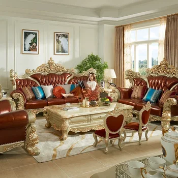 În stil European, din Lemn Masiv Sculptat Primul Etaj din Piele Luxury Villa Mare Apartament Canapea Living